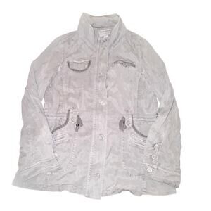 Marrakech Utility Military Jacket Women's L Gray Full Zip Button Cinch Roll Tab